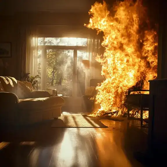 Fire and smoke damage in a living room