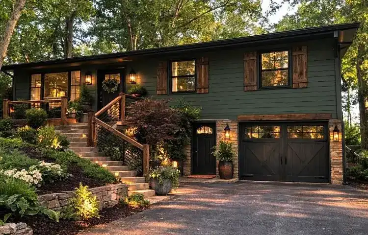Dark-green home with timber accents and a garage at dusk