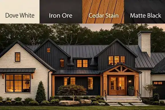Finished modern farmhouse exterior with new windows and doors