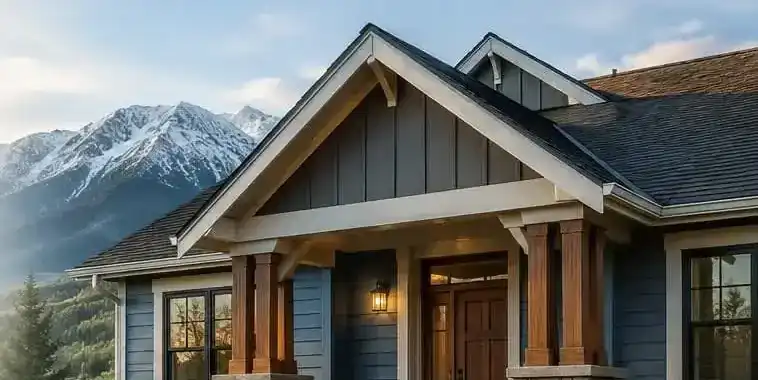 Finished Craftsman home exterior in board-and-batten and timber, snowcapped Bitterroots behind