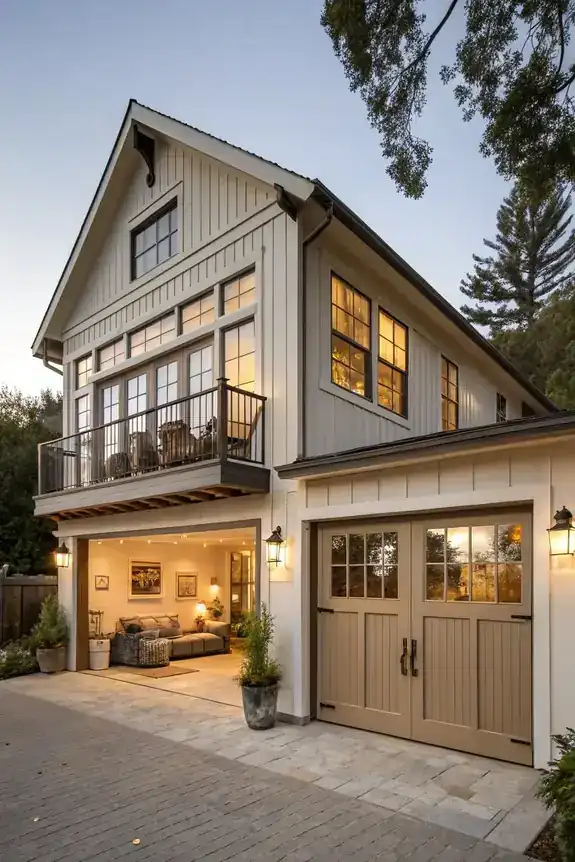 Finished custom home with a lit garage at dusk