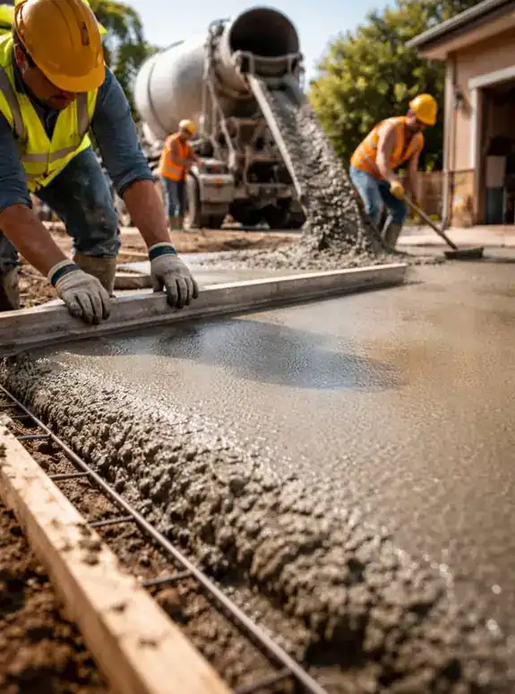 Crew finishing a concrete pour on site
