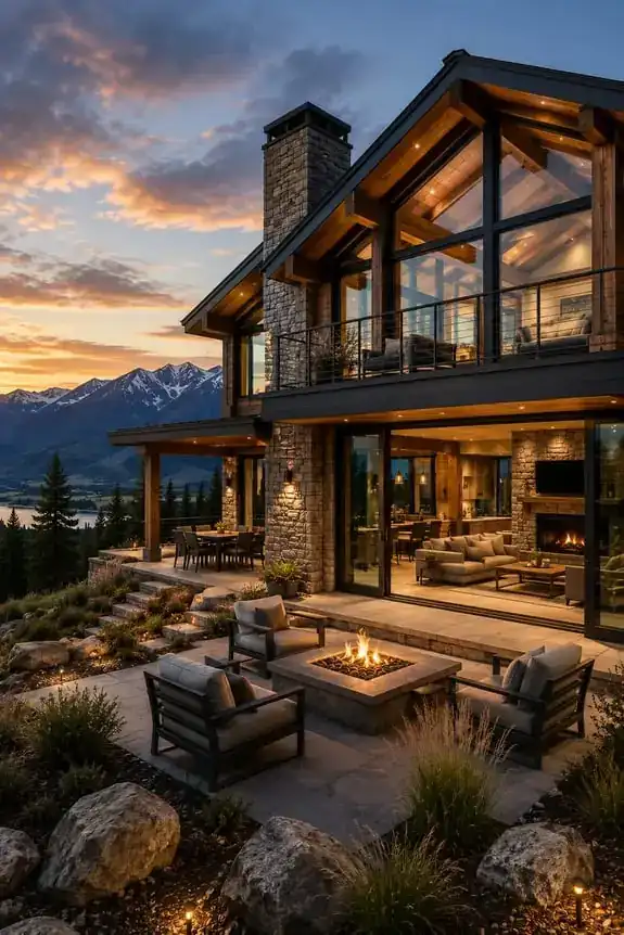 Mountain-modern home with a stone terrace and fire table