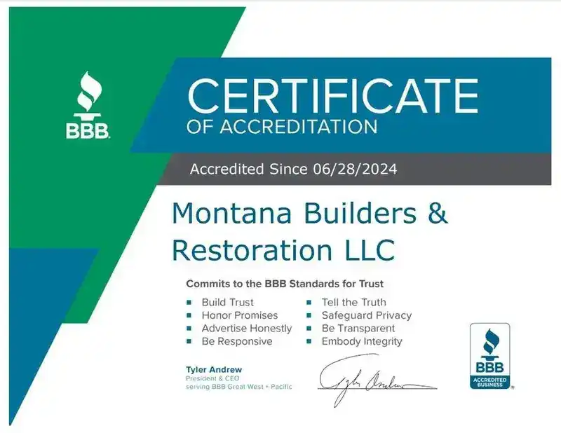 Better Business Bureau Certificate of Accreditation, Montana Builders & Restoration LLC, accredited since 28 June 2024