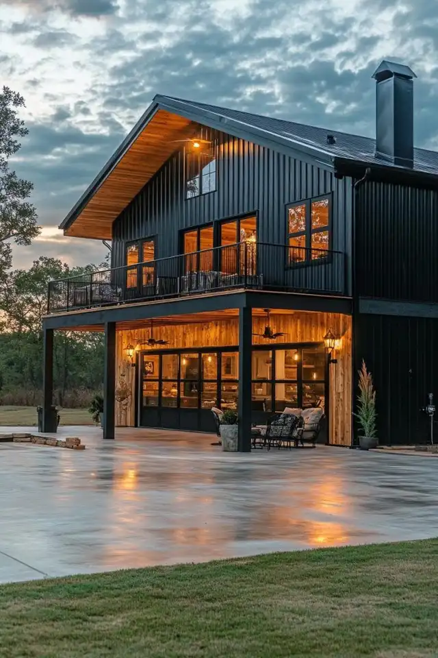 Barndominium with a stone base and upper balcony
