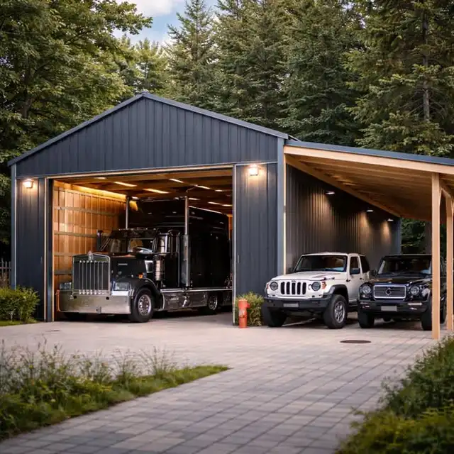 Post-frame building with a truck and a Jeep inside