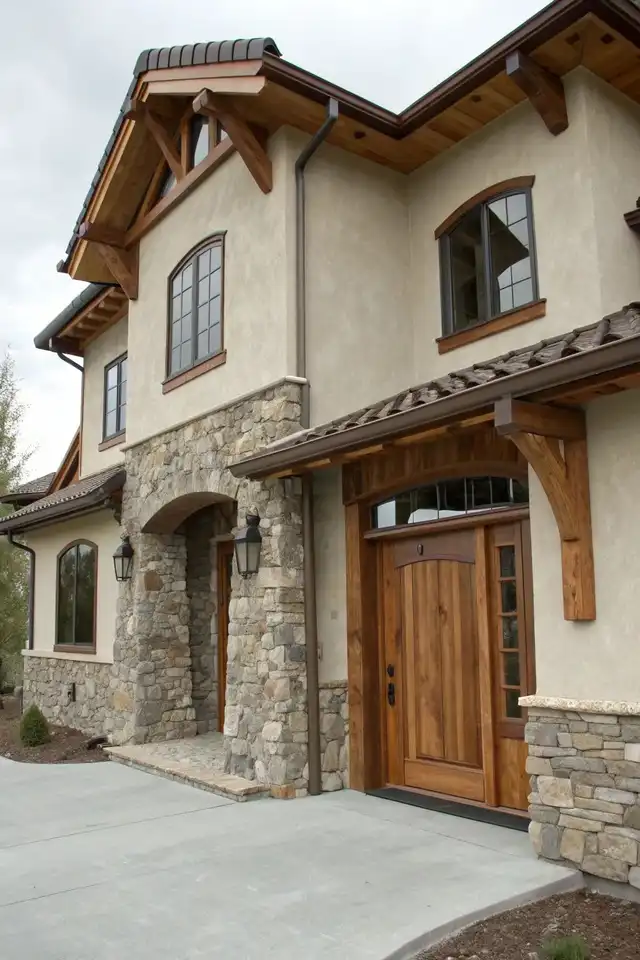 Stucco home with stone and timber accents
