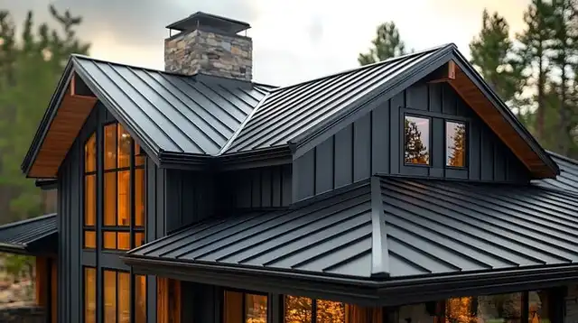 Metal roof with a stone chimney